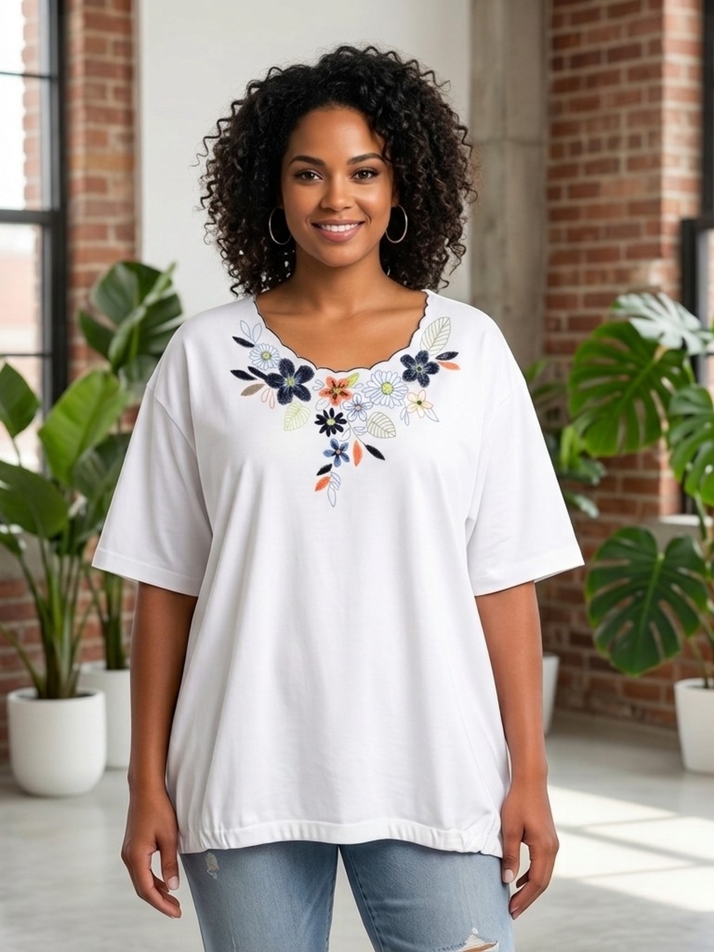 Vintage Vicki Wayne Embroidered Scalloped Neckline Bubble Tee - XL